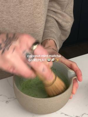 COCONUT MINT MATCHA on REPEAAATTT these days:  - 2/3 scoops matcha - elmhurst coconut cashew milk - coconut water - peppermint tea - raw honey - collagen    #matcha #mintmatcha #matchalatte #matchatok #foodtiktok #coconutmatcha #coconut 