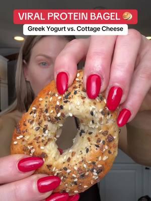 Dietitian Tip #14: EASY Protein Bagels! Greek yogurt vs. Cottage Cheese - which works better?? Matt said “yeah you can make these way more often if you want” 😂 if I had to choose, I think the cottage cheese is slightly fluffier and cheesier, but that doesn’t mean the Greek yogurt ones are bad! We love bagels in this house so either recipe is just good to keep on hand when you want a bagel and don’t have one! RECIPE BELOW 👇  Ingredients: -1 cup all purpose flour (I added an extra 1/3 c for cottage cheese) -1 tsp baking powder -1/2 tsp salt -1 cup plain non-fat greek yogurt OR blended low-fat cottage cheese (my favs are @FAGE and @Good Culture ) -1 egg beaten for egg wash  -whatever toppings you like. I used everything bagel seasoning. For the jalepeno cheddar bites, I added some shredder cheese and a picked jalepeno on top before baking (after egg wash) HOW TO: -in a bowl, combine flour, baking powder, salt and either greek yogurt OR blended cottage cheese and combine into a smooth dough -divide into 4 equal parts and form into bagel (or whatever shape you want) -boil for 60 sec each side -remove and egg wash and top with whatever seasonings you want -place on lined/greased baking sheet  -bake at 350F for 40-45 mins on top rack (all ovens vary, so just watch until brown!) -let cool and enjoy!  #proteindough #proteinbagel #highprotein #highproteinbagel #healthybagels how to make protein bagels at home