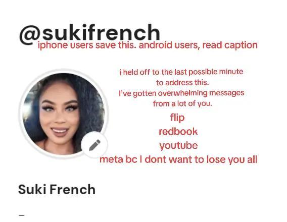 sukifrench.com I am going to miss you all. I don't want to make a crying video on tiktok or anywhere.  ugly crying is not my thing but I do love you this app goes down allegedly at 830 pm est tonight for US TIKTOK users unless they change their mind. I dislike some of the apps listed but I am also tired of messaging back individually on where I am and I got to be where you are. I've spent days backing up content. I absolutely thank you so much for your love and support all these years. I will follow you wherever you may go. and from the bottom of my heart I thank you.  sukifrench on ltk  everything is in my bio 😭😭😭😭😭 #fyp #socials #byefornow #iloveyou #fyp #fypplease #tiktokdoyourthing #tiktokwithoutus #lifewithoutus #americans #tiktok 