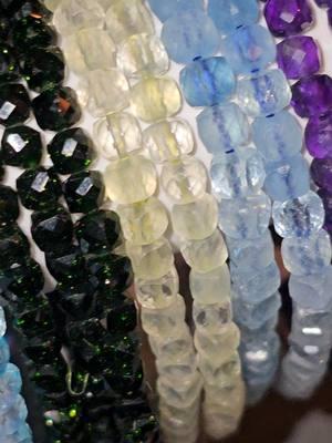 Faceted style stretchy bracelets!  #amethyst #aquamarine #prehnite #greensandstone #bluetopaz #queenconch #garnet #emerald #amazonite #lapislazuli #labradorite #phoenixstone #chrysocolla #goldstone #smokeyquartz #andesine #alxaagate #alashan #blackonyx #spinel #facetedcrystal #crystaljewelry 