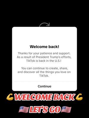 We Back Baby!!🇺🇸TRUMP! #tiktokisback #trump #massfollowing #letsgo #america #trending #viral #fyp #foryoupage #tiktokban #welcomeback #2025 #wow #incredible #epic #hero #hestheman #leader #president #donaldtrump #trump #@President Donald J Trump 