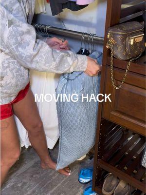 Use a trash bag for this easy closet packing hack for moving clothes! #wardrobe #movingday #packing #storagesolutions #moving #momhack #momlife #momoftiktoks #lifehacks 