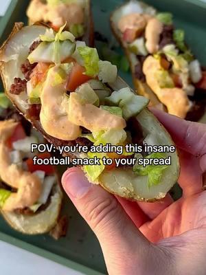 BIG MAC POTATO SKINS 🍔🔥 Food >>> football 🤭 I’m just here for the snacks (but make them gluten-free, dairy-free and more wholesome). These Big Mac potato skins take the flavors from the classic burger but use grass-fed and grass-finished high-quality ground beef, a potato instead of a bun, lots of veggies and creamy burger sauce! They are INSANE 🤯 Ingredients 3 russet potatoes 1 lb ground beef avocado oil dash salt dash pepper 1 tsp garlic powder 1/2 sweet onion 1/2 tomato 1/4 cup pickles 1/2 cup lettuce 1/2 cup burger sauce Instructions Gather your ingredients and preheat the oven to 400°F. Pierce potatoes with a fork and place them on a baking sheet. Add oil, salt and pepper and bake for about 50 minutes. While potatoes are baking, cook ground beef seasoned with salt and pepper in an oiled pan over medium heat until lightly browned. Once potatoes are done and cooled, scoop out the insides. Add ground beef into the potatoes and cook for another 10 minutes. While stuffed potato is cooking, chop vegetables. Add onion, tomato, pickle, lettuce and burger sauce on top. Serve and enjoy! #glutenfreeeats #glutenfreerecipe #footballfood #gamedayfood #bigmac #potatoskins