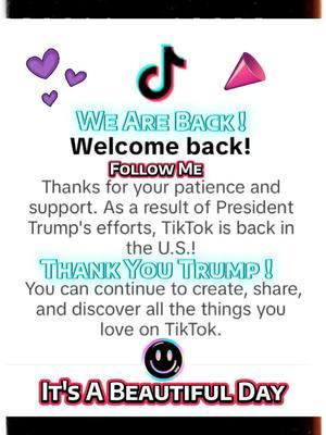 WE ARE BACKKKKK‼️💜 🔹️ #wearebacktiktok #weareback #tiktokusa #tiktok #america #presidenttrump #mrchew #happiness #thankyoutiktok #thankyoutrump #loveyouguys #tiktokbanover #genx 