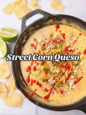 Chip-dippers unite! This elote queso is creamy, cheesy, full of delicious pops of sweet corn,  juicy lime, and a kick of tangy hot sauce. This street corn elote queso has become a staple in our home for Taco Tuesdays, game day food, Super Bowl parties, Cinco de Mayo, etc. But if I am being honest, it really just gives us an excuse to drink margaritas and feel summery vibes all year-round. You can whip up this elote queso in less than 15 minutes and it’s so easy, I’d consider it foolproof!  #queso #cheesedip #elote #elotes #appetizer #easyappetizers #gamedayfood #superbowl2025 #fingerfood #partyfood 