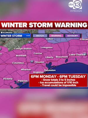 Winter Storm Warning: A mixture of snow, sleet, and freezing rain is likely to fall beginning Monday evening and most of Tuesday, creating hazardous driving conditions in Southeast Texas.  #abc13 #houstonwinterstorm #winterstorm2025