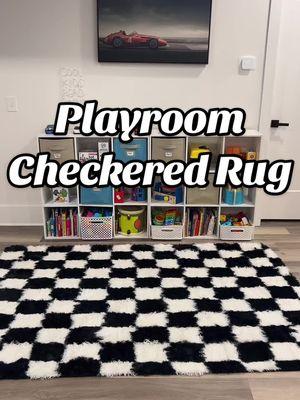 Kid Approved!! ✅ This is the black & white checkered 5x7 also comes in tan & white! #playroominspo #boysroom #racecars #rugs #playroomdecor #affordablerugs 