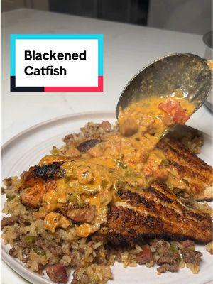 Blackened catfish with dirty rice 😋😮‍💨 #fyp #cooking #recipes #DinnerIdeas #copycatrecipes #dirtyrice 