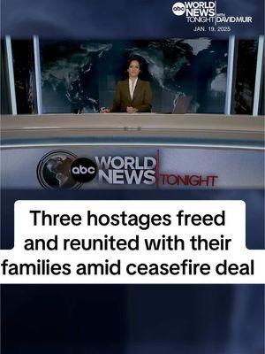 After 470 days in captivity, three former hostages were freed Sunday under the fragile ceasefire deal between Israel and Hamas. The Red Cross returned the women to Israeli forces, and they were joyfully reunited with their families. Ian Pannell reports from Tel Aviv. #abcnews #abcworldnewstonight #ceasefire #israel #hostages #redcross 