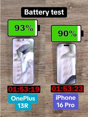 How does the battery in the relatively affordable OnePlus 13R compare with the iPhone 16 Pro? In my battery test, Avengers is played back on a loop until the phone runs out of battery. The screen is set to full brightness, and phones are on airplane mode, with Wi-Fi and Bluetooth off. All tests are filmed with new phones that have full battery health. #Battery #BatteryTest #Tech #NewTech #CoolTech #TechBandicoot #TechTok #InstaTech #OnePlus #OnePlus13R #Apple #iPhone #iPhone16 #iPhone16Pro 