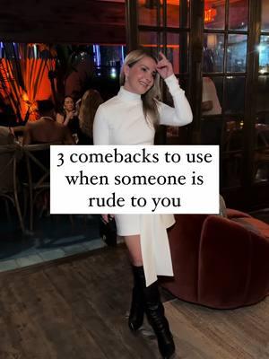 Explanation below ⬇️ 3 comebacks to use when someone is rude to you.  -Bless your heart This is a clever and assertive comeback without resorting to negativity. It suggests they’re misguided or lacking in social graces and positions you as someone who is above the petty drama and doesn’t need to stoop to their level. Make sure to leep your delivery light and understated with a sincere and empathetic voice to avoid coming off passive aggressive.  -I forgive you.  This response communicates that you are not responsible for negative emotions or behavior and that you’re not obligated to absorb their negativity or participate in their drama. By acknowledging their pain without taking it on yourself, you disarm their power to hurt you. It shows that you are strong enough to stand up for yourself without being dismissive and shifts the focus away from you and towards them - which can take the wind out of their sails. This response demonstrates emotional intelligence and maturity and that you’re not allowing their negativity to define your own self-worth while maintaining dignity.  -What was your intention behind saying that?  This response forces them to confront their own motivations and the impact of their words, which can be disarming, as they may not have fully considered the consequences of their actions. It also shifts the focus from you and onto them, which can disrupt their power dynamic and leave them feeling uncomfortable or exposed. It also shows that you’re not easily rattled or intimidated and shows that you are confident in your own worth and are not willing to tolerate negative behavior. This response allows you to defend yourself and potentially help them grow and develop as a person by confronting their own motivations.  Want to learn how to master assertive communication and learn how to handle difficult situations? Book a 1:1 session with me via the link in bio. And if you’re here for outfit details, comment White dress & I’ll send you a personalized message with links. #assertivecommunication #rude #protectyourpeace #communicationskills #assertive   Xo, Dr. C