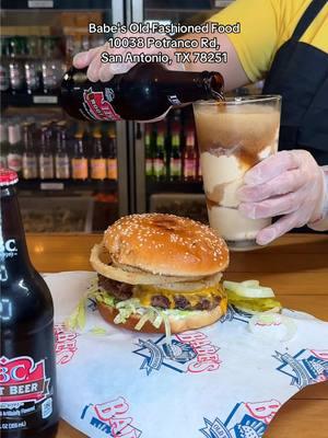 Mouthwatering Onion ring cheese burger and our new favorite crispy Bbq Chicken Sandwich!   🚨Exclusively at Babes on Potranco rd🚨 Made to order Spicy Fried Jalapeños, Sweet Potato Fries, deliciously fried mushrooms, great selection of drinks, sugarcane Dr Pepper, root beer float with bluebell ice cream! 👶Kids 9 and under eat FREE EVERYDAY would you go? Let me know in the comments! 📍Babe's Old Fashioned Food 10038 Potranco Rd,  San Antonio, TX 78251 ⏰Sunday-Thursday 11am-9:30pm Friday-Saturday 11am-10pm #sanantoniotexas #whattoeatinsanantonio #burger #rootbeerfloat 