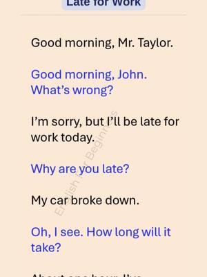 Late for work. #learnenglishdaily #easyenglish #englishcourse #english #practiceenglish #learnenglishonline #learnenglish #englishspeaking #speakingpractice #easyenglishsentences #englishforbeginners #speakenglish 