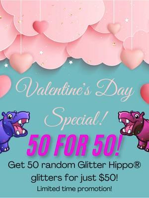 We’re bringing back our 50 for 50 sale just in time for Valentines Day! 💖 For a limited time get 50 random Glitter Hippo® glitters for just $50! Try out many of our beautiful glitters at a fraction of the price! *Limit 1 per person* No additional discounts or coupons apply to this promotion. www.GlitterHippo.com #glitterhippo #50for50 #glittersale #glitter