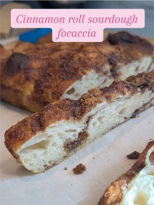 Easy Overnight Sourdough Cinnamon Roll Focaccia  100g or 1/2C active bubbly starter 400g or 1 + 3/4C warm water 470g or 3 cups bread flour 18g or 1 + 1/2 Tablespoons olive oil  25g or 1 tablespoon honey  9g or 1 + 1/2 teaspoons salt  Times below were just what I did :)  6:30 pm - in a mixing bowl, stir together the active bubbly sourdough starter and warm water until milky then add remaining ingredients, stir until combined, Cover and let it rest for 45 minutes.  7:15pm-For the first round, do Stretch and folds and then coil folds. I like to do extra work for the first round to help get everything developed. The dough will be very wet and sticky but trust the process! Cover for 30 minutes then do just coil folds, and repeat the 30 minute process 3 more times for a total of 4 sets. It will be a bit more manageable after the first set, but still more wet than a typical dough. Don’t worry! After the last coil folds, cover and let it sit overnight. (About 10 hours on the counter)  7am- In a bowl, combine brown sugar and cinnamon and set aside. turn the dough into a parchment lined and oiled 9x13 pan (olive oil) Add your brown sugar cinnamon mixture on top and fold one side to the center, add some more and fold the other side over. Turn the dough and then flip it so the seams are on the bottom. Cover and let it rise for an hour.  8am- add the remaining brown sugar cinnamon mixture on top, dimple and bake at 425° for 25 minutes  Let it cool and enjoy!  #sourdough #fococcia #cinnamonrollfocaccia #sourdoughfocaccia 