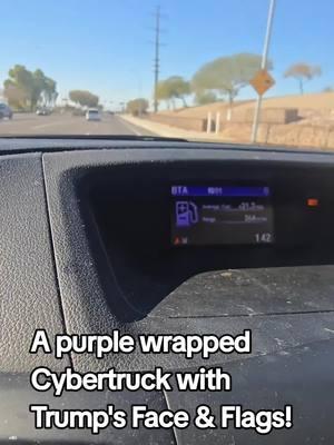 A purple wrapped Cybertruck with  Trump's Face & Flags! #hilarious #cybertruck #maga #dying #inaguration #1461days #icant #noway #stayunrulyaf #CUNTRYQueen #fyp #fyppppppppppppppppppppppp 