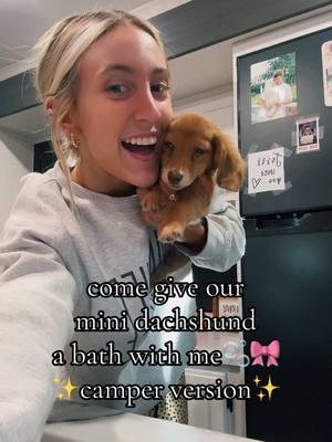 come give our mini dachshund a bath with us!🎀🫧🧼🛁🐶 #dachshund #bathtime #scrub #longhair #minidachshund #ourgirl #camperlife #camper #ella #bubbles 