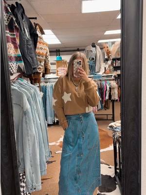 Replying to @taylormacg shop this cute denim skirt online. Cute outfit to dress up or down. #westernboutique #westernfashion #westernwear #denimskirt #patchworksweatshirt #sweatshirt #outfit #fashionoutfit #outfitideas #longdenimskirt #westernoutfit #westernootd 