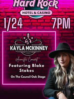 🎶 Intimate Acoustic Performance at Hard Rock Casino, Bristol, VA! 🎶 Join Kayla McKinney, Nashville recording artist and talented songwriter, for a special acoustic show this Friday, January 24th at the Counsil Oak Stage in the Hard Rock Casino Bristol, VA! 🎤✨ Starting at 7 PM, Kayla will take the stage with the incredible Blake Stokes on guitar for a night of raw, soulful music that you won’t forget. It’s the perfect setting for an intimate performance, so grab your friends and come enjoy a night of music you can feel. 🌟 Date: Friday, January 24th 🌟 Time: 7 PM 🌟 Location: Hard Rock Casino, Counsil Oak Stage, Bristol, VA Don’t miss this one-of-a-kind acoustic experience! 🎶🎸 #KaylaMcKinney #BlakeStokes #HardRockCasino #BristolVA #CounsilOakStage #LiveMusic #AcousticNight #NashvilleArtist #Songwriter #MusicLovers #FridayNightVibes #