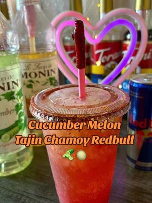 Cucumber & Melon 🥒🍈😮‍💨 #redbull #monin #cucumber #pepino #melon  #cantaloupe #tajin #chamoy #pepinoloco #chamoyrimdip #ValentinesDay #valentine 