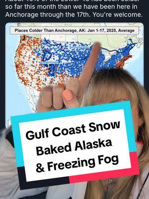 Southern Louisiana and Gulf states getting snow, Anchorage Alaska is warmer than most of us, and freezing fog along the river. So much news this morning! #wx #weather #forecast #science #stem #steam #WomenInScience #womeninstem #abc #xyz #fyp #fypシ #trending #meteorologist #meteorology #weatherweenie #LearnOnTikTok #weathertok #STEMTok #sciencetok 