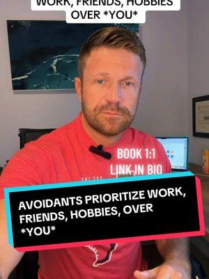 Avoidants often prioritize things like work, hobbies, and friends over you and the relationship #avoidant #avoidantattachment #dismissiveavoidant #fearfulavoidantattachment #insecureattachment #attachmentstyle #emotionallyunavailaible #breakup #discard #discarded #divorce #heartbroken #blindsided #attachmentwounds #boundaries #Relationship #situationship #relationshipcoach 