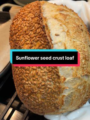 Here's how I made this stunning sunflower seed sourdough loaf! 🌻 I started with ripe active starter and my beginner sourdough recipe- but I swapped 20g of bread flour for dark rye flour for extra depth of flavor. Bulk fermented overnight for around 10 hours at about 72°F (didn’t measure temp because, well... I was sleeping). In the morning, I shaped the dough, sprayed the top with water, and rolled it into raw organic sunflower seeds. I placed it in the banneton, stitched it up and let it cold proof in the fridge for 7 hours. Baked at 450°F: 30 minutes covered, 15 minutes uncovered. Next time they are going into the dough!  #SourdoughBread #SourdoughBaking #SourdoughStarter #HomeBaking #BakingFromScratch #SourdoughLove #ArtisanBread #BreadMaking #SourdoughTips #BreadBaking #SourdoughLoaf #HomemadeBread #BakingInspiration #SimpleSourdough #SourdoughAddict #BakingWithSeeds #OrganicBaking #SourdoughLife #SunflowerSeedBread #EasySourdough