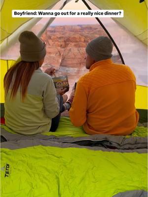 Is there anything better than enjoying a gourmet meal with THIS view? 🤯🏜️  #reflectioncanyon #utahtravel #backpacking #campingideas #backpackingadventures #couplestravel #datenightidea #dateideas #scenicviews #beautahful #roadtripusa #southwestroadtrip #campingmeals #cookingoutside #welivetoexplore 