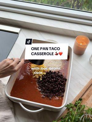 Save this ONE PAN TACO CASSEROLE 🥑🌮💃🏻 (weeknight dinner idea!!) ingredients:  1 packet taco seasoning (I use siete)  2 cups water 1 15oz jar salsa 1 cup white rice 1 can black beans, drained and rinsed 1 cup fresh corn 1 red bell pepper, diced Toppings: jarred jalapeño, vegan sour cream, cilantro, pickled onions, avocado  How to:  1. Preheat oven to 400 F.  2. In a casserole dish, add the taco seasoning, water and salsa and whisk. 3. Then, add the rice, beans, corn and pepper. Mix together until combined.  4. Bake uncovered for 30-40 minutes until the liquid is absorbed and rice is cooked! 5. Top with any of your favorite taco toppings from sour cream, to avocado! 6. Serve and enjoy!  Notes* You can always use 1/2 a taco seasoning packet if your kids don’t like it as flavorful!  #onepan #momlife #DinnerIdeas #healthyrecipes 