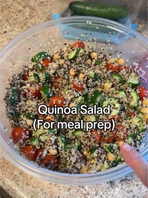 One of our favorites and it’s easy to make. Quinoa, drained (and rinsed) chick peas, purple onion, cucumber, cherry tomatoes. Dressing is olive oil, lemon juice, garlic salt, pepper. You can make this however you want though - super easy. #mealprep #healthy #lunch #mealideas #salad #summersalad #healthyliving 