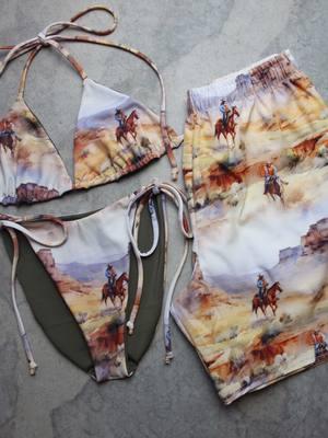 Bikini: Triangle Top + mid coverage High Tide Bottoms in Lone Star 🐴 Men’s Swim Trunks come in sizes XXS-6XL #matchingswimsuits #matchingswimwear #westernswimwear #westernswim #westernbikini #cowgirlstyles #cowgirlfashion 