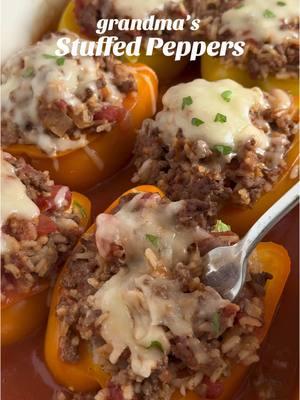 Grandma’s Stuffed Peppers! - 1 tbsp olive oil  - 1 cup diced yellow onion  - 1 pound ground beef  - 1 1/2 tsp salt  - 1 tsp garlic powder  - 1 tsp paprika  - 1/2 tsp black pepper  - 15 oz can diced tomatoes  - 1 cup minute rice  - 2 cups beef broth  - 10 oz can condensed tomato soup  - 3 large bell peppers  - 1 cup shredded Monterey Jack cheese  If you love warm and cozy meals, this stuffed peppers recipe is the perfect dinner for you!  Stuffed peppers are easy to make and work great for meal prepping! You only need a few ingredients, and they bake in 30 minutes!  Enjoy!🫑 #stuffedpeppers #stuffedpeppersrecipe #comfortfood #DinnerIdeas #EasyRecipe #cooking 