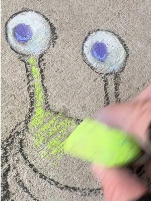 Sluggo, not having a head for hats, waits impatiently for someone to invent eyemuffs. #streetarteverywhere #sidewalkchalk #workinprogress #anamorphicart #winterfashion #slugproblems