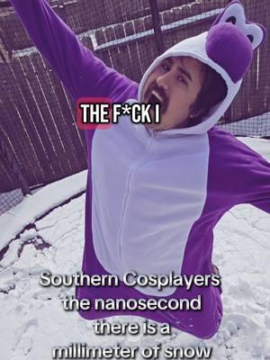 can y'all relate?! Did you play in the snow today?#texassnow #southernsnow #snow #snowday #yoshi #purpleyoshi #cosplay 