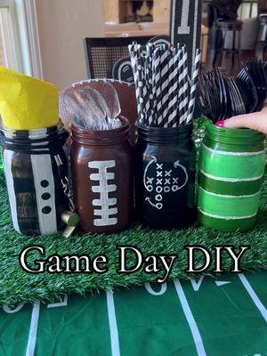 DIY Game Day Utensil Holders!🏈 Saw these for sale on Etsy, and thought I could make these myself!! All you need are mason jars, paint, and paint brushes! Only took me an hour, let dry overnight, and then fill with game day hosting essentials!  #superbowlparty #superbowl2025 #superbowldiy #gamedaydiy 