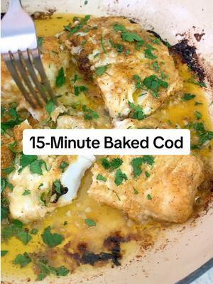 This baked cod recipe is ready in 15-minutes! Tender, perfectly flaky cod, tossed in bold Mediterranean spices and baked with a tasty garlic and lemon sauce. This cod recipe is the next recipe in my 30 day Mediterranean Diet Meal Plan!  Fish is one of the staples of the Mediterranean diet, luckily, there are so many ways to prepare a tasty fish dinner. ▢ 1.5 lb Cod fillet pieces, 4-6 pieces ▢ 1/4 cup chopped fresh parsley leaves Lemon Sauce ▢ 5 tbsp fresh lemon juice ▢ 5 tbsp extra virgin olive oil ▢ 2 tbsp melted butter ▢ 5 garlic cloves, minced For Coating ▢ 1/3 cup all-purpose flour ▢ 1 tsp ground coriander ▢ 3/4 tsp sweet Spanish paprika ▢ 3/4 tsp ground cumin ▢ 3/4 tsp salt ▢ 1/2 tsp black pepper #cod #codrecipe #bakedcod #bakedfish #fishrecipe #easyfishrecipe #mediterraneanfood #mediterraneandiet #bakedfishrecipe #mediterraneanfishrecipe 