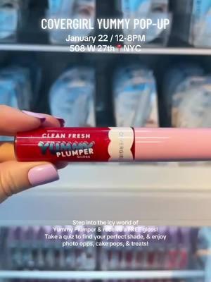 NYC 💄 Attend the coolest pop-up experience in NYC as @COVERGIRL celebrates the launch of the new clean fresh Yummy Gloss Plumper on January 22! Step into the icy world of yummy plumper and receive a free gloss! Subscribe to our FREE newsletter for more upcoming events.  Get your perfect shade while enjoying the coolest moments, cool goodies and more including: 🧊 Clean Fresh Yummy Plumper Glosses 🧊 Branded Eye Patches 🧊 Sparkly Cake Pops 🧊 Lip Touch Up Stations 🧊 Icy Photo Moments *while supplies last #covergirl #nyc #newyorkcity #popup #nycpopup #thingstodoinnyc #nycthingstodo #lipgloss #nycfree #nycfreeevents #nycevents