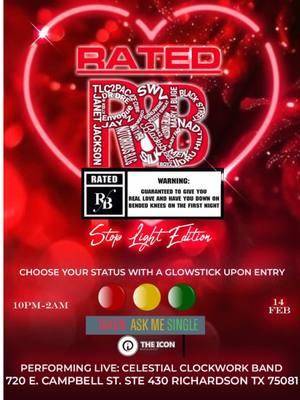 If you love R&B and need plans for Valentine’s Day ❤️, here you go! Tag your significant other, tag your bestie, tag your whole group chat 😜😜😜 “Rated R&B”, an event made specifically for R&B lovers, is coming to DFW for the FIRST time on Valentine’s Day! 🥳♥️ ***footage is from a previous “Rated R&B” event 🗓️When: Friday, February 14th | 10pm-2am 📍Where: The Icon Restaurant & Lounge - 720 E Campbell Rd #430, Richardson, TX 75081 🎟️Tickets start at just $20. Click the 🔗 in my bio to grab yours!  This is a 🚦stoplight edition, so upon entry, you’ll get to choose a wristband that corresponds to your current relationship status (don’t lie) 😬👇🏽 ❤️Red Wristband = Taken  💛Yellow Wristband = Ask Me  💚Green Wristband = Single  Come ready to sing, dance, and mingle the night away! And don’t forget to DRESS TO IMPRESS 💅🏽👀 🎟️Click the 🔗 in my bio for tickets! #dallasevents #thingstodoindallas #valentinesdallas #dallasfun #dallaslounge 