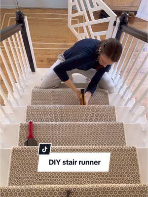 DIY stair runner is DONE!!! And it feels so good 🥰 Check my LTK for a direct link to the rug I used + the tools & home decor ✨ or just google "Annie Selke Honeycomb Natural" to find the rug!! Wanna know something I wish I had known before install? You can order a custom runner size online to fit your stairs perfectly 🤯 instead I ordered multiple runners and spliced them together 💀 which worked out fine but dang! The more you know 😅  Full DIY stair runner install tutorial coming TOMORROW!!! This is such an easy DIY that has a big impact so I can't wait to share everything I learned with you!! 🫶 #stairrunner #stairdesign #diyhome #diyproject #staircases #fixerupper @Annie Selke 