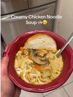 Creamy Chicken Noodle Soup 🍲🤒 ——————————————— Chop - 1 carrot,3 Celery, 1 potato, 2 mushrooms, Onion to Taste  Season Chicken w Garlic Salt, Black Pepper, Smoked Paprika, Onion Powder Cook chicken in pot w Olive Oil, once ready add more olive oil & add all veggies but Potato Once veggies are sautéd add 2 boxes of chicken broth. Add chicken back + potato’s. Let cook for 15 min, take chicken out & shred/chop Season w chicken knot, black pepper, Italian seasoning, and parsley  Add 1/4 to 1/2 cup of heavy whipping cream, half a lime, splash of chili flakes  Add egg noodles, let them cook, & serve   #chickennoodlesoup #creamychickennoodlesoup #soupweather #chicken #calditodepollo 