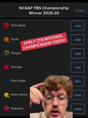 #greenscreen EARLY CFB NATIONAL CHAMPIONSHIP ODDS!! #ohiostate #texaslonghorns #oregonducks #georgiabulldogs #pennstate #notredame #alabamafootball #crimsontide #big10 #sec #nfl #football #SportsUpdate #GameDayRecap #238 #238cards #redzone 