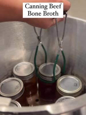 Canning beef bone broth is a simple process! Let me show you how! 1. Place your beef bones onto a sheet pan along with any vegetables you have (celery, garlic, onion, carrot, etc.) 2. Bake at 450 for 1 hr, flipping halfway through 3. Scrape everything off the pan into your slow cooker, and top with any seasonings you’d like. Bay leaves, herbs, peppercorns, etc. are all great choices. Add 2 tbsp apple cider vinegar to bring out the nutrients. 4. Simmer on low for 24 hours, or until you have a deep golden broth. You can also do the instant pot for 2 hours on high pressure. 5. Strain your broth into bowls using a mesh strainer and cheese cloth (or just mesh is fine if you don’t care about a really clear broth). 6. Let cool on the counter or place in the fridge to let the fat solidify on top. Scrape the fat off and use that tallow for cooking later! 7. Ladle your broth into jars, wipe the rims really well and place your lids and rings on fingertip tight. 8. Pressure can for 20 mins (pints), 25 mins (quarts) 9. Place on your counter to seal. If any seals are compromised, place in the fridge or freeze for later use. 9. Store in a cool, dry place and use as needed! #beefbroth #canning #canningtutorial #homemadebroth #homesteading #homesteader 