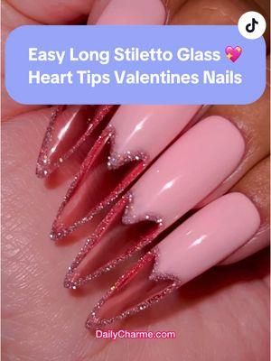 EASY Long Stiletto Glass Heart Tips Valentine's Day Nails 💖✨ Perfect pink on pink look for beginners🩷 Are you team long or short nails? Comment below!  💅 Everything used for this look is from the brand Daily Charme & is listed below. All goodies are available now in our TikTok shop or via the 🔗 in bi0 💖 Using @daily_charme 🩷 304 Blush - 𝙘𝙧𝙚𝙖𝙢 💗 T21 Floradora - 𝙩𝙞𝙣𝙩𝙚𝙙 💖 H67 Fairyland - 𝙝𝙤𝙡𝙤 💕 Diamond Shine Top Coat 💞 Charme Gel Tips "Long / Stiletto / Clear" #pinknails #vdaynails #valentinesdaynails #holonails #holographicnails #twinklenails #glitternails #flashgel #flashnails #stilettonails #frenchtipnails #frenchtips #reflectivenails #glassnails #jellynails #flashgel #coquettenails #charmegel #charmegelextension #nailtrends #trendingnails #nailart #almondnails #stilettonails #longnails #shortnails #diynails #nailtech #nailinspo 