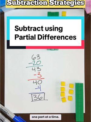 🧠 Partial Differences takes more ink than the traditional algorithm, but encourages a deeper understanding of the subtraction process.  If you do not already have a set of place value blocks at home, I highly suggest getting some! It really brings this process to life for our kids.  💻 You can even print out a set on cardstock and have it ready for homework tonight! Just search online for “place value blocks free printable” or “base ten blocks free printable” and you will see a lot of options.  #subtraction #2ndgrade #mathhelp #elementaryteacher #math