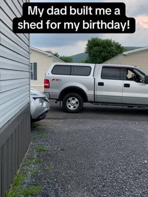 My favorite human, my dad, built a shed for my birthday! I had been storing my lawn mower under my front steps. This small shed was perfect to fit behind my mobile home and keep my lawn mower out of the elements! Love him to pieces!! #trailer #mobilehome #renovations #moving #favoritehuman #mydad #lovemydad 