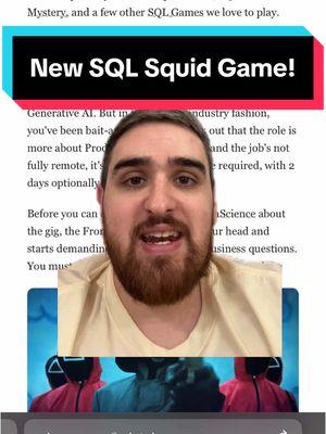 Check out the awesome new SQL Squid Game! (Not a sponsor) #dataanalystjob #dataanalysis #dataanalytics #dataanalyst #sql #sqltips #sqltutorial #sqlgame #sqlgames #sqlsquidgame @Nick • Data Science free sql game #sqlmurdermystery #sqlisland 