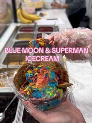 Blue moon and Superman ice cream! Have you had them? #moderncone #icecreamstore #icecreamshop #icecreambusiness #craftacreamery #supermanicecream #bluemoonicecream #icecreamnachos 