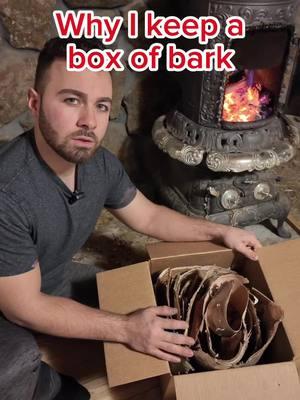 I store this box far away from the woodstove because you do not want any sparks or embers flying out hitting this, this stuff is the fastest and easiest fire starter. #birch #bark #woodstove 