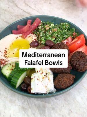 Here’s your ultimate guide for how to make the perfect falafel bowl at home! Loaded with protein-packed falafel patties, hummus, fresh vegetables, olives and pickles, these Mediterranean bowls are a delicious and satisfying vegetarian meal that you can prepare ahead!  These healthy dinner bowls are loaded with delicious falafel and other Mediterranean favorites like hummus, tabouli salad, feta, and fresh vegetables. With a little bit of prep ahead of time, this falafel bowl dinner is to assemble any night of the week.  Ingredients: ▢ Hummus, homemade or store bought (other dip options in the notes) ▢ Tabouli salad ▢ 16 Falafels, prepared ahead from this authentic falafel recipe or air-fryer falafel recipe, or store-bought from your favorite Middle Eastern restaurant ▢ 2 Medium Vine-Ripe Tomatoes, halved and sliced ▢ 1 English Cucumber, halved and sliced ▢ 6 Radishes, halved and sliced ▢ 1/2 Medium Red Onion, thinly sliced ▢ 4 ounces Feta Cheese, sliced ▢ Extra virgin olive oil, for drizzling, try our rich and peppery Early Harvest or Spanish Hojiblanca EVOO ▢ Sumac, optional for seasoning #falafel #falafelbowl #mediterraneanbowls #dinnerbowl #mediterraneandiet #mediterraneanfood #healthydinner #healthydinnerideas 