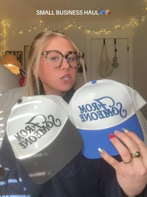 AHHHH so excited these are so perfect @From Someone go support!💙📦🧢🤍 #haul #haultok #smallbusinesscheck #smallbusinesshaul #supportsmallbusiness #supportsmallbiz #fromsomeone #fromsomeoneco #truckerhat #truckerhathaul #truckerhatpurchase 